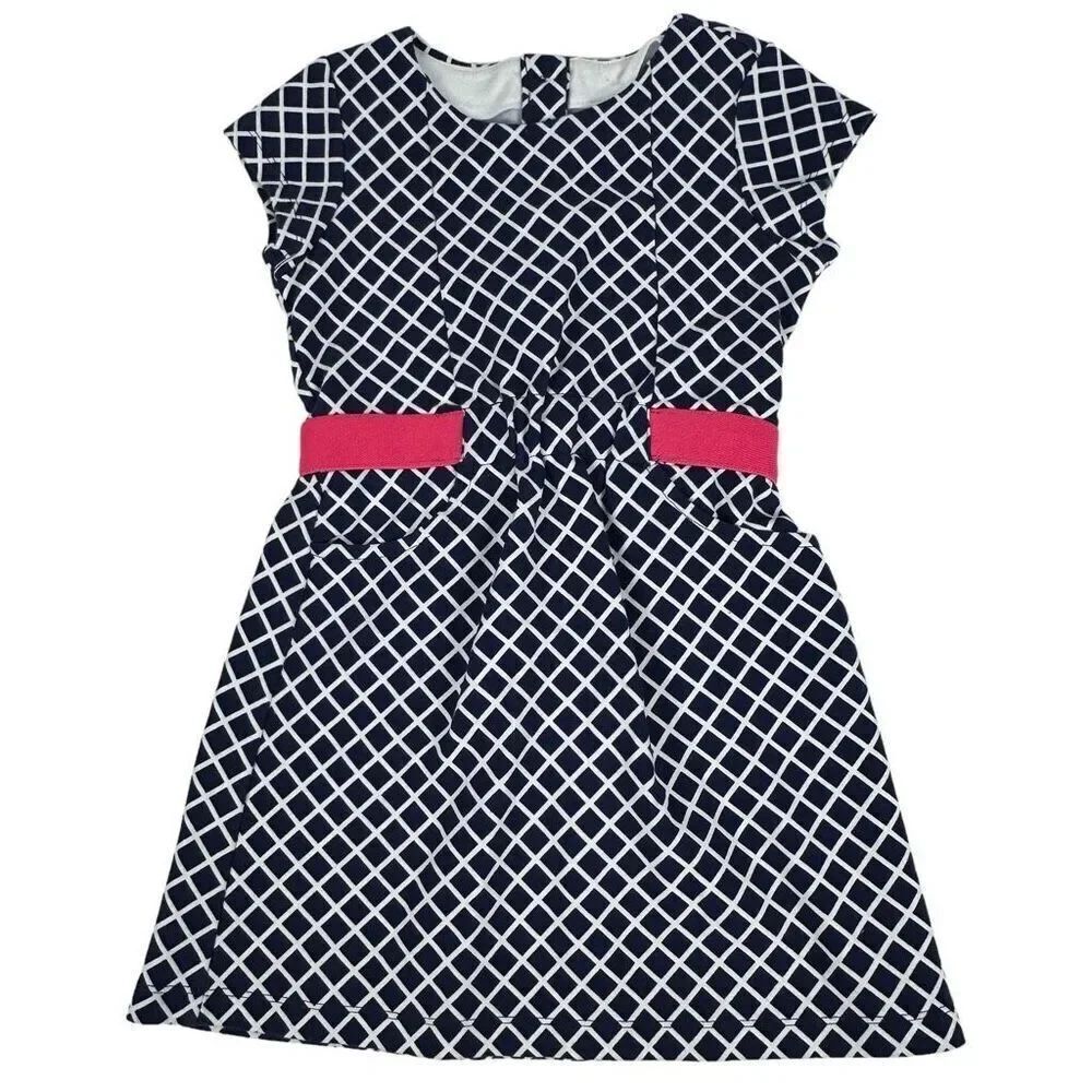 Gymboree Navy & White Print Dress size 5 with Coral waist band